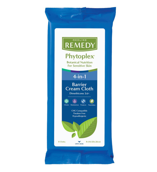 Medline Remedy Phytoplex 4 in 1 Barrier Cream Cloth 8 x 8" 8 pack Medline Remedy Phytoplex 4 in 1 Barrier Cream Cloth 8 x 8" 8 pack Incontinence wipes Medline - Americare Medical Supply